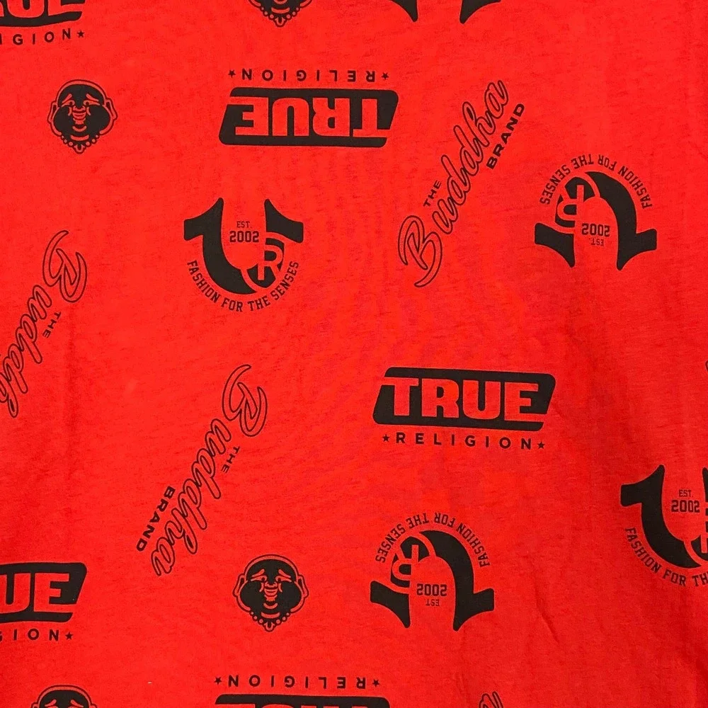 True Religion Multi Logo AOP T-Shirt Men's Large Lava Red Buddha Graphic Tee NWT
